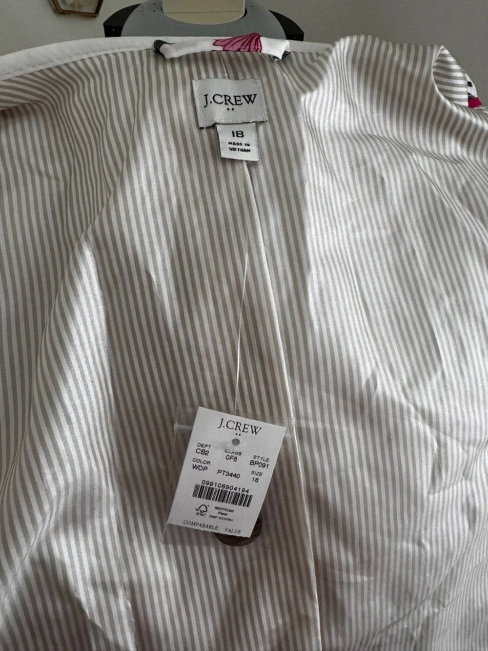 J. Crew Quilted White Jacket with Pink Floral Print - Picture 2 of 5
